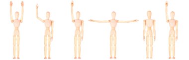 Collection of wooden human mannequins demonstrating different poses and positions on a white background. clipart