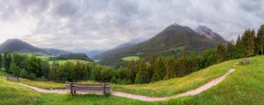 Berchtesgaden Ulusal Parkı, Yukarı Bavyera Alpleri, Almanya, Avrupa 'daki Hintersee Gölü yakınında yol ve bank ile Meadow. Gökyüzü yolu kırpılıyor