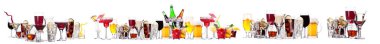 Bira, martini, soda, şampanya, beyaz arka planda izole edilmiş viski gibi farklı alkollü kokteyller.
