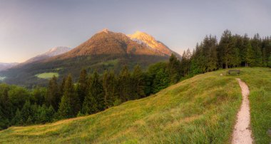 Berchtesgaden Ulusal Parkı, Yukarı Bavyera Alpleri, Almanya, Avrupa 'da gün batımında Hintersee Gölü yakınlarında yol ve bank ile Meadow. Gökyüzü yolu kırpılıyor