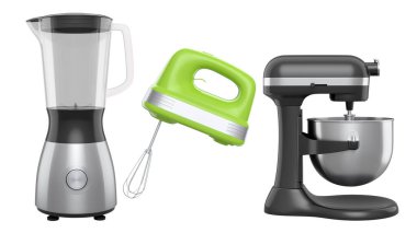 Metal kâse, elektrikli mikser ve karıştırıcı mutfak gereçleri beyaz arka planda karıştırmak ve karıştırmak için. Yemek pişirme, karıştırma ve karıştırma için ev mutfak aletleri ve aksesuarları 3D hazırlama