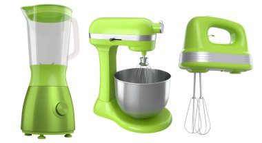 Metal kâse, elektrikli mikser ve karıştırıcı mutfak gereçleri beyaz arka planda karıştırmak ve karıştırmak için. Yemek pişirme, karıştırma ve karıştırma için ev mutfak aletleri ve aksesuarları 3D hazırlama