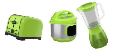 Elektrikli mutfak aletleri ve mutfak gereçleri, çoklu fırın, blender ve ekmek kızartma makinesi gibi beyaz arka planda. Pişirme, pişirme, karıştırma ve kırbaçlama için 3D mutfak gereçleri