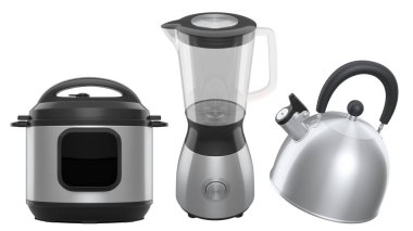 Elektrikli mutfak aletleri ve mutfak gereçleri, çoklu fırın, blender ve beyaz arka planda çaydanlık gibi. Pişirme, pişirme, karıştırma ve kırbaçlama için 3D mutfak gereçleri
