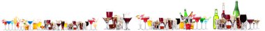 Bira, martini, soda, şampanya, beyaz arka planda izole edilmiş viski gibi farklı alkollü kokteyller.