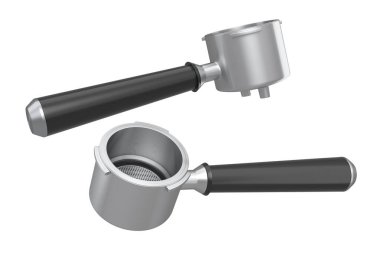 Beyaz arka planda espresso kahve makinesi boynuzu seti. Kahve yapmak için 3D kahve demliği.