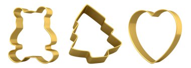 Beyaz arka planda ev yapımı Noel bisküvisi için metal kurabiye keskisi seti. Mutfakta 3 boyutlu zencefilli kurabiye tarifi..