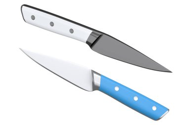 Beyaz arka planda ahşap saplı bir mutfak bıçağı seti. 3 boyutlu kasap bıçağı ya da profesyonel mutfak aletleri.