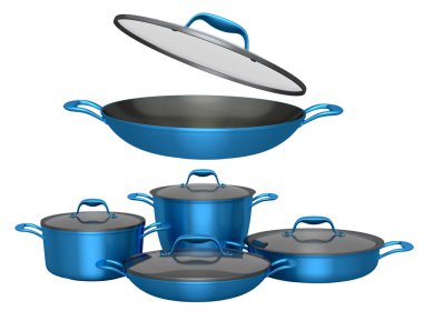 Paslanmaz çelik güveç seti, tava ve krom kaplama alüminyum tencereler beyaz arka planda. Yapışmayan mutfak gereçlerinin 3D görüntüsü