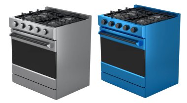 Mutfak elektrikli sobası ya da gaz ocağı. Beyaz arka planda izole edilmiş propan gazı alevleri. Yemek hazırlamak için 3D fırın, tencere içinde kaynar su ve mutfakta çaydanlık.