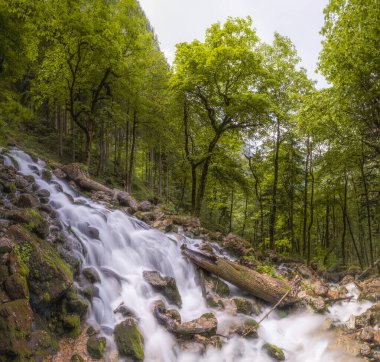 Berchtesgaden Ulusal Parkı 'ndaki Konigssee Gölü yakınlarındaki Rothbach Şelalesi' nin güzel manzarası, Yukarı Bavyera Alpleri, Almanya, Avrupa. Doğa konseptinin güzelliği.