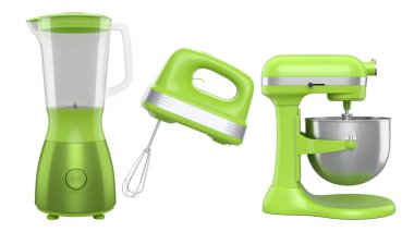 Metal kâse, elektrikli mikser ve karıştırıcı mutfak gereçleri beyaz arka planda karıştırmak ve karıştırmak için. Yemek pişirme, karıştırma ve karıştırma için ev mutfak aletleri ve aksesuarları 3D hazırlama