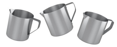 Beyaz arka planda izole edilmiş çelik sütlü sürahi bardağı. Espresso ya da latte yapmak için 3D bardak..