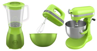 Metal kâse, elektrikli mikser ve karıştırıcı mutfak gereçleri beyaz arka planda karıştırmak ve karıştırmak için. Yemek pişirme, karıştırma ve karıştırma için ev mutfak aletleri ve aksesuarları 3D hazırlama