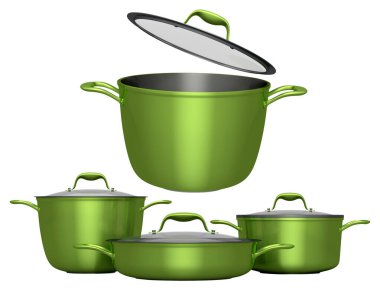 Paslanmaz çelik güveç seti, tava ve krom kaplama alüminyum tencereler beyaz arka planda. Yapışmayan mutfak gereçlerinin 3D görüntüsü