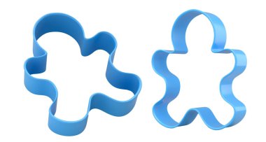 Beyaz arka planda ev yapımı Noel bisküvisi için metal kurabiye keskisi seti. Mutfakta 3 boyutlu zencefilli kurabiye tarifi..