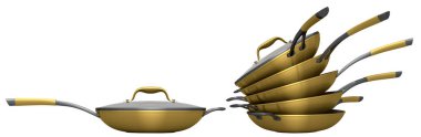 Set of stainless steel stewpot, frying pan and chrome plated aluminum cookware on white background. 3d render of non-stick kitchen utensils clipart