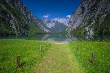 Berchtesgaden Ulusal Parkı, Yukarı Bavyera Alpleri, Almanya ve Avrupa 'daki Obersee Gölü yakınlarındaki dağ vadisinin güzel manzarası. Doğa konseptinin güzelliği.