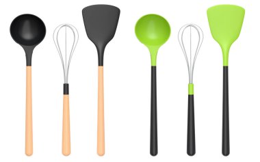 Ahşap mutfak aletleri, beyaz arka planda aletler ve ekipmanlar. Ev yapımı mutfak aletleri ve yemek pişirmek için aksesuarlar