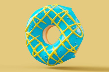 Sarı arka planda çikolata kaplı donut serpiştirilmiş. 3D tasvir ve pasta ve şekerlemelerin tasviri