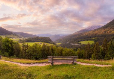 Berchtesgaden Ulusal Parkı, Yukarı Bavyera Alpleri, Almanya, Avrupa 'da gün batımında Hintersee Gölü yakınlarında yol ve bank ile Meadow. Gökyüzü yolu kırpılıyor