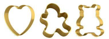 Beyaz arka planda ev yapımı Noel bisküvisi için metal kurabiye keskisi seti. Mutfakta 3 boyutlu zencefilli kurabiye tarifi..