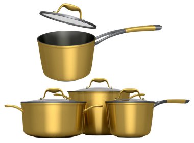 Paslanmaz çelik güveç seti, tava ve krom kaplama alüminyum tencereler beyaz arka planda. Yapışmayan mutfak gereçlerinin 3D görüntüsü