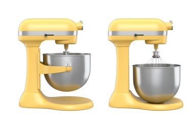 Modern kitchen mixer for baking on a white background. 3d render of home kitchen tools and accessories for cooking, blending and mixing