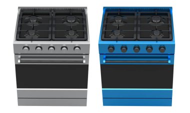 Mutfak elektrikli sobası ya da gaz ocağı. Beyaz arka planda izole edilmiş propan gazı alevleri. Yemek hazırlamak için 3D fırın, tencere içinde kaynar su ve mutfakta çaydanlık.