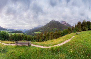 Berchtesgaden Ulusal Parkı, Yukarı Bavyera Alpleri, Almanya, Avrupa 'daki Hintersee Gölü yakınında yol ve bank ile Meadow. Gökyüzü yolu kırpılıyor