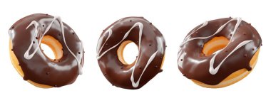 Çikolata kaplı çörekler, serpiştirmeler, beyaz çiselemeler ve beyaz şeffaf arka planda izole edilmiş noktalar. 3D görüntüleme ve tatlı çeşitliliği