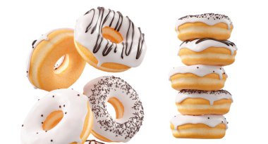 Beyaz çikolata kaplı çörekler, serpiştirmeler, beyaz çiselemeler ve beyaz şeffaf arka planda izole edilmiş noktalar. 3D görüntüleme ve tatlı çeşitliliği