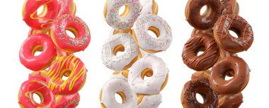 Beyaz şeffaf arka planda renkli kremalı, serpiştirilmiş ve çikolatalı çeşitli çörekler. 3D görüntüleme ve tatlı çeşitliliği