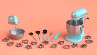 Turuncu arka planda hamur hazırlamak için mutfak gereçleriyle karıştırıcı ve metal kase. Aşçılık, harmanlama ve karıştırma için 3D pişirme süreci adım adım ve aksesuarları