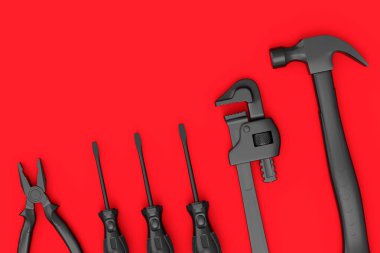 Kırmızı arka planda monokrom inşaat araçlarının üst görüntüsü. Tesisatçı ya da tamirci için 3D tasvir ve hizmet afişi