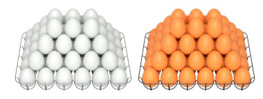 Beyaz şeffaf arkaplanda izole edilmiş beyaz ve kahverengi yumurtalarla dolu metal tepsiler. Yumurta çeşitliliği ve gıda endüstrisi kavramı