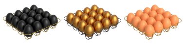 Beyaz şeffaf arka planda izole edilmiş kahverengi, altın ve siyah yumurtalarla dolu metal tepsiler. Yumurta çeşitliliği ve gıda endüstrisi kavramı