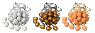 Yumurtalarla dolu kablo sepetleri, beyaz şeffaf arka planda izole edilmiş, mutfak depolama kavramı.