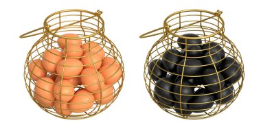 Yumurtalarla dolu kablo sepetleri, beyaz şeffaf arka planda izole edilmiş, mutfak depolama kavramı.