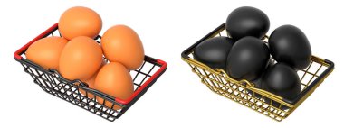 Yumurtalarla dolu kablo sepetleri, beyaz şeffaf arka planda izole edilmiş, mutfak depolama kavramı.