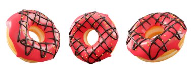 Kırmızı meyve jöleli çörekler, serpinti, beyaz çiseleme ve beyaz şeffaf arkaplanda izole edilmiş noktalar. 3D görüntüleme ve tatlı çeşitliliği