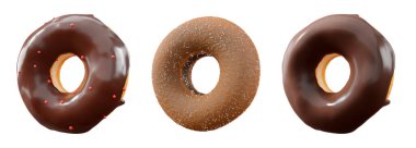 Çikolata kaplı çörekler, serpiştirmeler, beyaz çiselemeler ve beyaz şeffaf arka planda izole edilmiş noktalar. 3D görüntüleme ve tatlı çeşitliliği