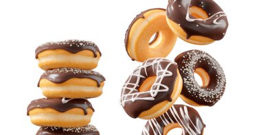 Çikolata kaplı çörekler, serpiştirmeler, beyaz çiselemeler ve beyaz şeffaf arka planda izole edilmiş noktalar. 3D görüntüleme ve tatlı çeşitliliği