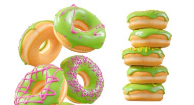 Yeşil kivi jöleli çörekler, serpinti, beyaz çiseleme ve beyaz şeffaf arka planda izole edilmiş noktalar. 3D görüntüleme ve tatlı çeşitliliği