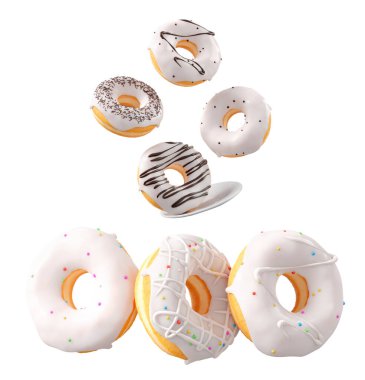 Beyaz çikolata kaplı çörekler, serpiştirmeler, beyaz çiselemeler ve beyaz şeffaf arka planda izole edilmiş noktalar. 3D görüntüleme ve tatlı çeşitliliği