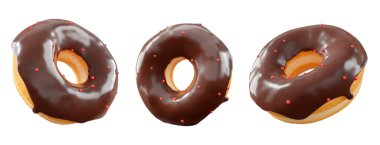 Çikolata kaplı çörekler, serpiştirmeler, beyaz çiselemeler ve beyaz şeffaf arka planda izole edilmiş noktalar. 3D görüntüleme ve tatlı çeşitliliği