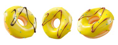 Sarı limon jöleli çörekler, serpinti, beyaz çiseleme ve beyaz şeffaf arka planda izole edilmiş noktalar. 3D görüntüleme ve tatlı çeşitliliği