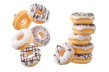 Beyaz çikolata kaplı çörekler, serpiştirmeler, beyaz çiselemeler ve beyaz şeffaf arka planda izole edilmiş noktalar. 3D görüntüleme ve tatlı çeşitliliği