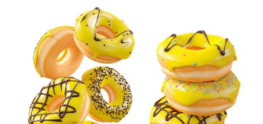 Sarı limon jöleli çörekler, serpinti, beyaz çiseleme ve beyaz şeffaf arka planda izole edilmiş noktalar. 3D görüntüleme ve tatlı çeşitliliği