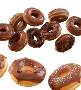 Çikolata kaplı çörekler, serpiştirmeler, beyaz çiselemeler ve beyaz şeffaf arka planda izole edilmiş noktalar. 3D görüntüleme ve tatlı çeşitliliği